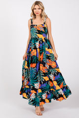 Black Leaf Print Tiered Maternity Dress