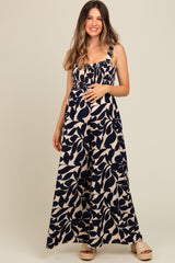 Navy Floral Smocked Wide Leg Maternity Jumpsuit