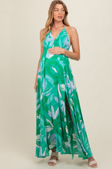 Green Floral Smocked Halter Open Back Maternity Maxi Dress