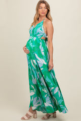 Green Floral Smocked Halter Open Back Maternity Maxi Dress