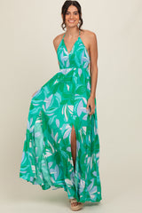 Green Floral Smocked Halter Open Back Maternity Maxi Dress