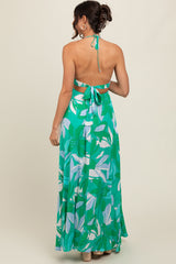 Green Floral Smocked Halter Open Back Maxi Dress