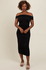 Black Off Shoulder Ruched Midi Dress