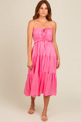 Fuchsia Front Tie Cutout Tiered Midi Dress
