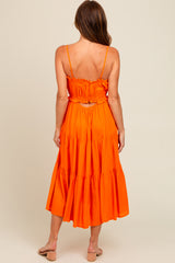 Orange Front Tie Cutout Tiered Midi Dress