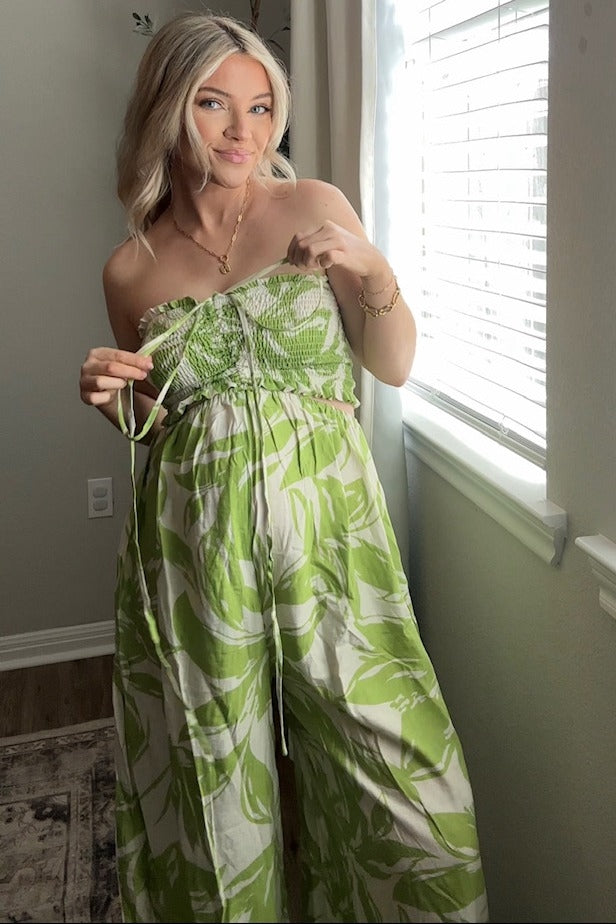 Lime Tropical Print Cutout Smocked Maternity Jumpsuit