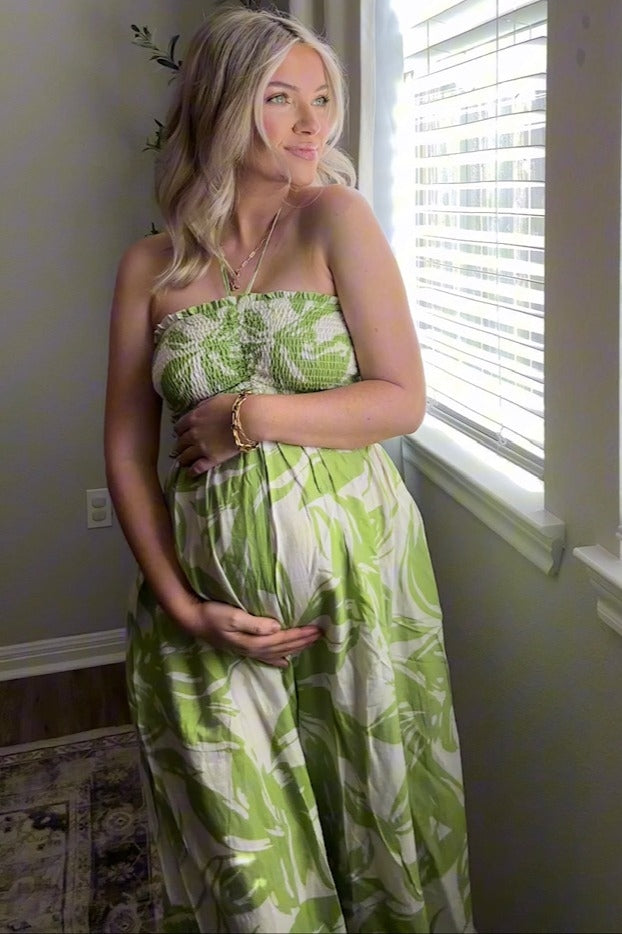 Lime Tropical Print Cutout Smocked Maternity Jumpsuit