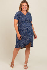 Navy Dot Print Wrap Maternity Plus Midi Dress