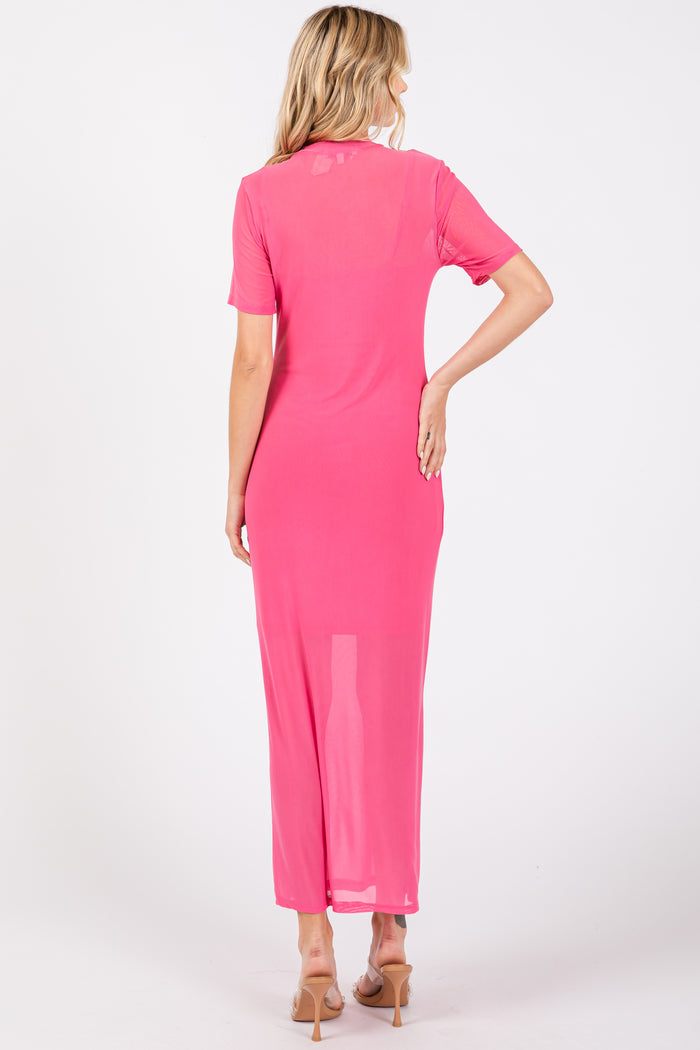 Pink Layered Mesh Maxi Dress