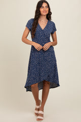 Navy Dot Print Wrap Nursing Midi Dress