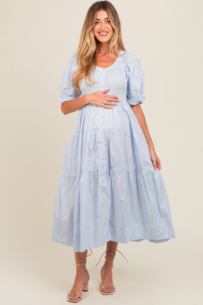 Light Blue Contrast Top Tiered Maternity Midi Dress