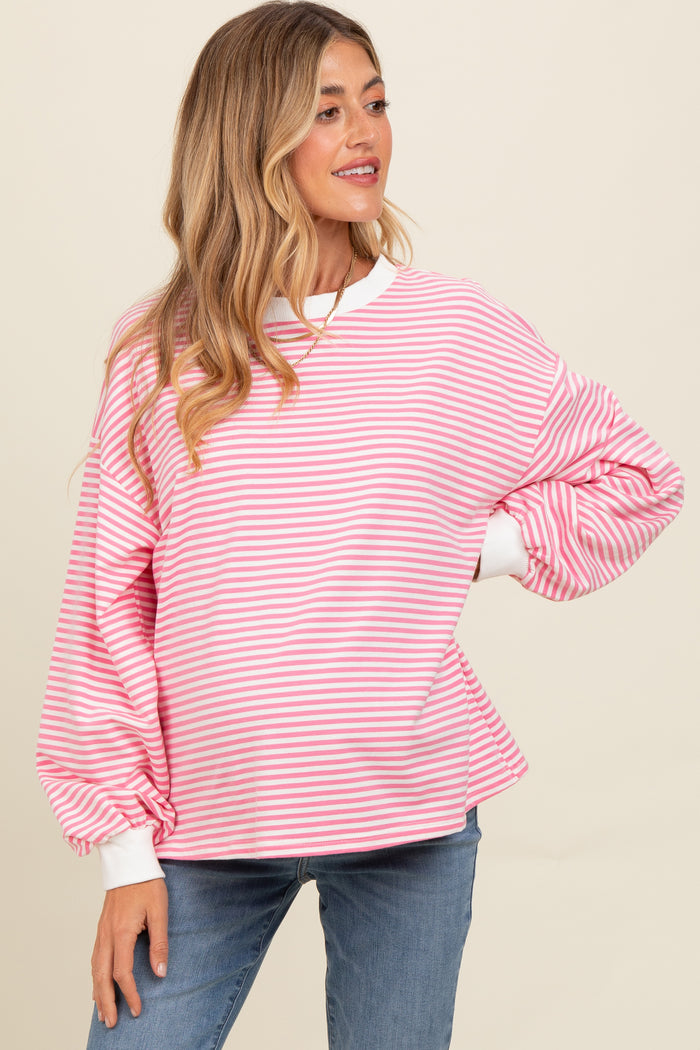 Pink Striped Balloon Sleeve Maternity Pullover