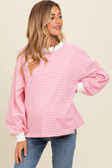 Pink Striped Balloon Sleeve Maternity Pullover