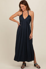 Charcoal Halter Deep V-Neck Maxi Dress