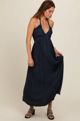 Charcoal Halter Deep V-Neck Maxi Dress