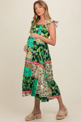 Green Patchwork Print Maternity Midi Dress