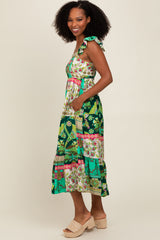 Green Patchwork Print Midi Dress