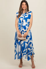 Blue Abstract Print Collared Belted Maternity Dress