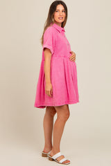 Pink Denim Button Down Maternity Mini Dress