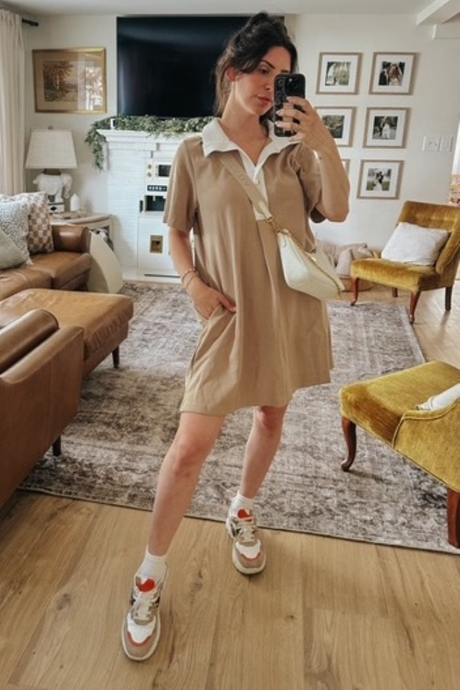 Mocha Contrast Collar Polo Dress