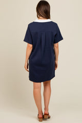 Navy Blue Contrast Collar Maternity Polo Dress