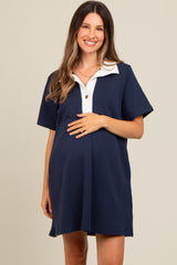 Navy Blue Contrast Collar Maternity Polo Dress