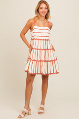 Rust Contrast Stripe Wavy Trim Dress