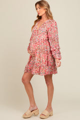 Pink Floral Ruffle Accent Maternity Dress