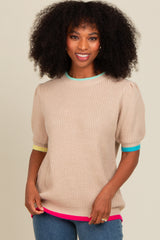 Beige Contrast Band Maternity Sweater