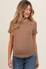 Brown Striped Short Sleeve Maternity Top