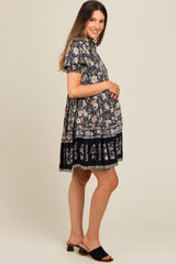 Black Floral Button Up Ruffle Hem Maternity Dress