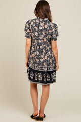 Black Floral Button Up Ruffle Hem Maternity Dress