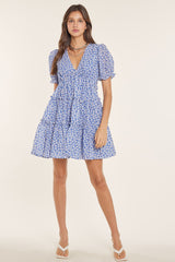 Blue Floral Puff Sleeve Babydoll Mini Dress