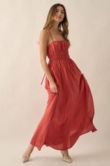 Rust Solid Gather-Bodice Straight-Neck Maxi Dress