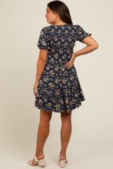 Navy Blue Floral Smocked Puff Sleeve Maternity Dress