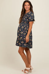 Navy Blue Floral Smocked Puff Sleeve Maternity Dress