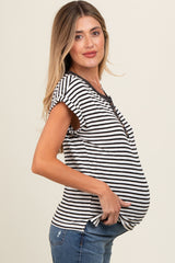 Black Mixed Stripe Henley Maternity Tee