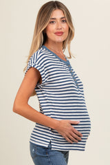 Blue Mixed Stripe Henley Maternity Tee