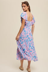 Blue Floral Print V-Neck Ruffle Sleeve Maxi Dress