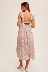 Rose Pink Water Color Floral Print Ruffele Sleeve Midi Dress