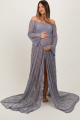 Gray Lace Long Sleeve Off Shoulder Slit Draped Maternity Photoshoot Dress