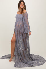 Gray Lace Long Sleeve Off Shoulder Slit Draped Maternity Photoshoot Dress