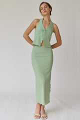 Sage Textured Knit Halter Top And Midi Skirt Set