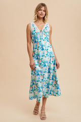 Blue Multi Satin Floral Sleeveless Midi Dress