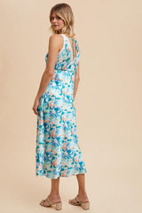 Blue Multi Satin Floral Sleeveless Midi Dress