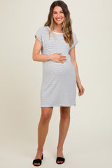 White Striped Maternity Side Slit Maternity T-Shirt Dress