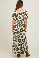 Olive Floral Puff Sleeve Maternity Maxi Dress