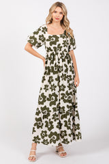 Olive Floral Puff Sleeve Maternity Maxi Dress