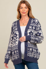 Navy Blue Printed Maternity Button Up Cardigan