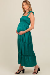 Forest Green Satin Smocked Maternity Maxi Dress